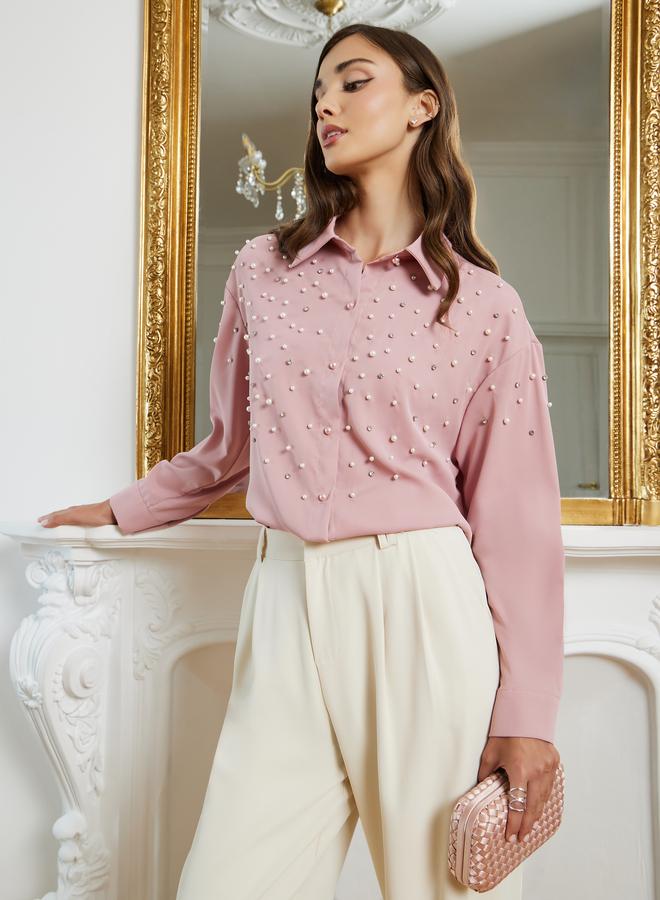 Styli Women Pink Pearl Embellished Long Sleeve Shirt - Image 1